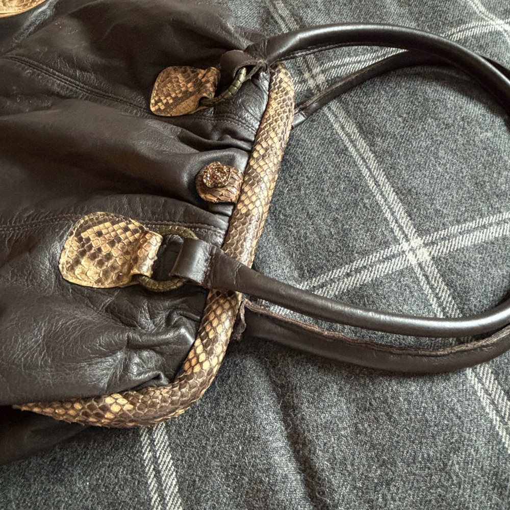 Clara Kasavina Handmade Chocolate Brown Leather Python Snake Skin Bag - Picture 9 of 10